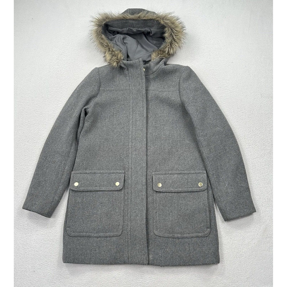 J Crew Mercantile Wool Hooded Coat Women Size 0 Gray Faux Fur Trim Preppy